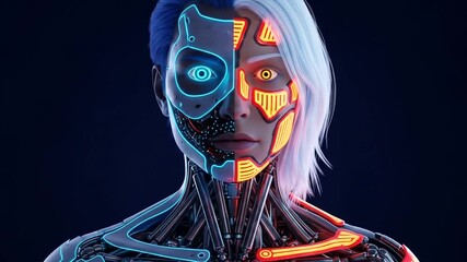 Futuristic cyborg with contrasting neon lights and exposed mechanics. - Powered by Adobe