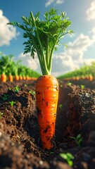 Close-up of a carrot growing in a field, with more carrots in rows