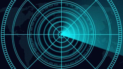 Digital radar with targets on monitor in searching. Digital technology radar screen animated, Technology world map radar screen animation.  Glow map background. - Powered by Adobe