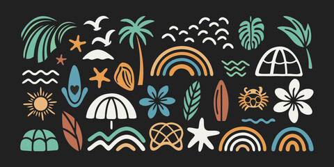 Naklejka premium Bohemian tropical summer elements collection with palm trees sun rainbows and ocean waves
