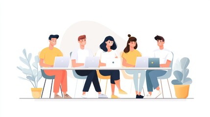 Happy diverse team collaborating on laptops, modern flat design, cheerful mood.