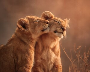 Lion cups sibling concept shows Two lion cubs cuddling together in a warm, soft light, showcasing affection and innocence.