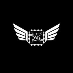 A sleek white icon featuring a winged microchip with 'AI' text, symbolizing the rapid advancement of artificial intelligence and innovative technology.
