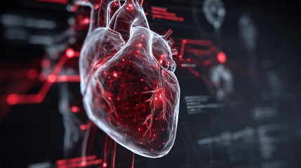 3D illustration of a human heart with glowing veins and digital interface background