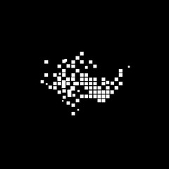 An abstract digital representation featuring numerous white square pixels forming a dynamic, fragmented shape against a stark black background, symbolizing data or technology.