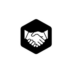 A stylized black hexagon icon featuring two hands engaged in a firm handshake, symbolizing partnership, agreement, and successful collaboration.