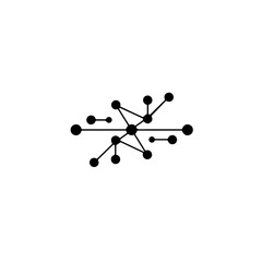 A sleek, conceptual black and white graphic illustration featuring a dynamic network of interconnected points, symbolizing modern technology and digital data flow.