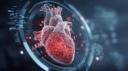 3D illustration of a human heart with glowing details and digital interface elements