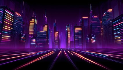 Futuristic cityscape illuminated by vibrant neon lights and glowing streaks of motion blur on a dark atmospheric night scene