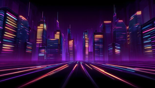 Futuristic cityscape illuminated by vibrant neon lights and glowing streaks of motion blur on a dark atmospheric night scene