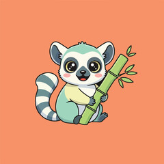 Adorable cartoon lemur with big eyes and a striped tail is holding onto a bamboo stalk, set against a solid orange background.