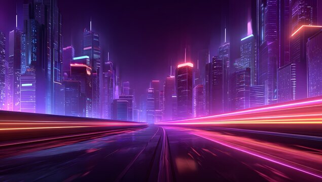 Futuristic cityscape at night with vibrant neon lights illuminating towering skyscrapers and streaking vehicle light trails on a wet reflective street