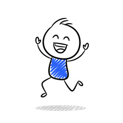 A joyful hand-drawn doodle of a stick figure character with a big, happy smile, jumping in the air to express pure excitement and success