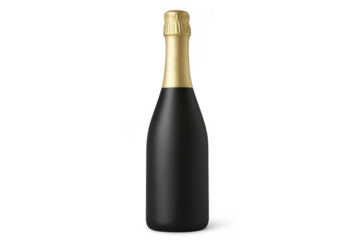 Black champagne bottle with golden foil cap, transparent background