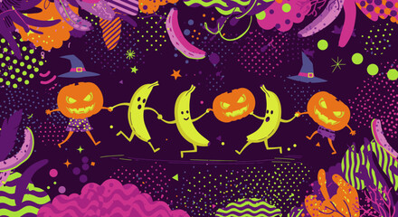 Naklejka premium A playful Halloween illustration featuring dancing pumpkins and bananas in a vibrant, abstract, and festive party scene.
