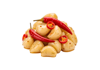 Fermented garlic cloves with red chili pepper, isolated pickled garlic, hot pickled vegetables, and garlic cloves in oil and vinegar on a clean white background.
