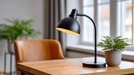 Home office workspace featuring modern desk lamp and plant