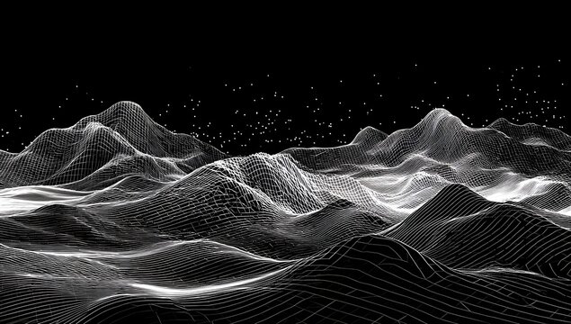 Abstract monochrome topographic map visualization with intricate mountainous terrain and textured peaks against a dark void background - Powered by Adobe