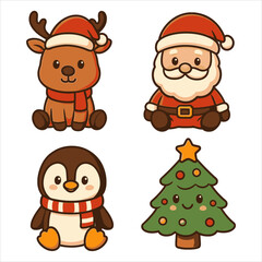 Adorable Christmas Cartoon Characters Reindeer Santa Penguin and Festive Tree.