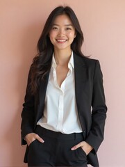 Photorealistic portrait of an office woman in a white shirt and blazer, standing against a plain solid background with soft studio lighting, confident and friendly professional look
