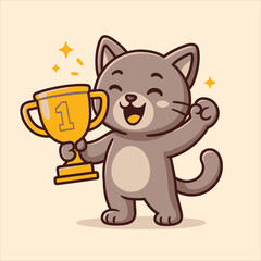 Cartoon Cat Celebrates Victory Holding a Golden Number One Trophy.
