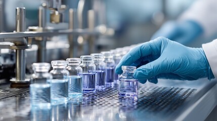 Laboratory technician in gloves handling glass vials filled with colorful liquids on a metal surface