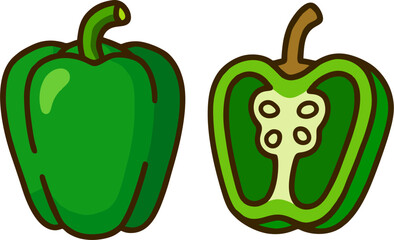 Cartoon Green Bell Pepper Vector Illustration, Whole and Sliced Vegetable Isolated
