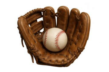 Brown leather baseball glove holding a white baseball, symbolizing sport, game, and athletic equipment