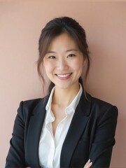 Photorealistic portrait of an office woman in a white shirt and blazer, standing against a plain solid background with soft studio lighting, confident and friendly professional look
