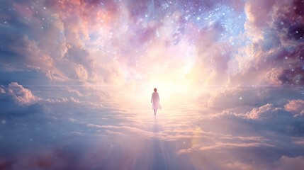 Soul ascending through celestial clouds on a spiritual journey towards divine light