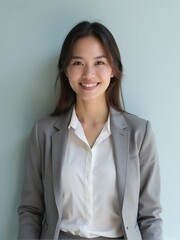 Photorealistic portrait of an office woman in a white shirt and blazer, standing against a plain solid background with soft studio lighting, confident and friendly professional look
