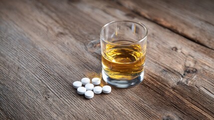 Dangerous mix: pills and alcohol on rustic wood table