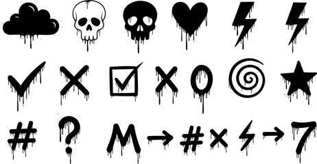 Collection of grungy drip style icons skull heart star checkmark spiral and symbols vector