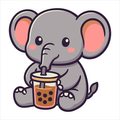 Cartoon Elephant Enjoying Bubble Tea with Boba Pearls and a Straw.