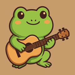 Cartoon Frog Musician Playing Acoustic Guitar with Happy Expression.