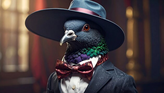 A pigeon with a human suit, hat, and bow tie looking at the viewer
