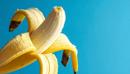 Fresh Banana Peeled on Blue Backdrop