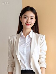 Photorealistic portrait of an office woman in a white shirt and blazer, standing against a plain solid background with soft studio lighting, confident and friendly professional look
