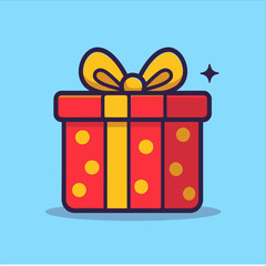 Cartoon Red Gift Box with Yellow Polka Dots and Ribbon Accompanied by a Sparkle.