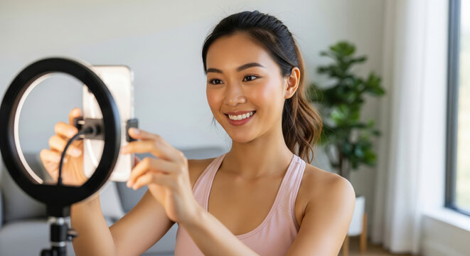 Smiling woman adjusting phone on a ring light stand, filming a fitness video at home.