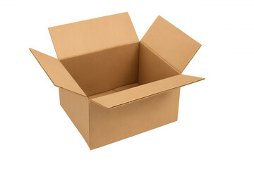 Empty corrugated container with flaps open. Representing delivery, storage, or unpacking. Transparent background