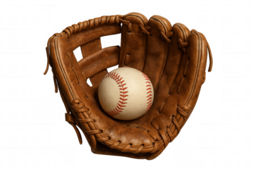 Baseball glove with white ball resting inside, playing field equipment and catching game concept