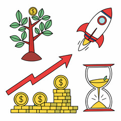 Creative finance concepts tree rocket growth coins hourglass vector illustration scalable eps icon