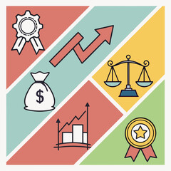 Business growth icons including profit up chart money bag scales of justice and awards vector illustration