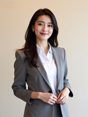 Photorealistic portrait of an office woman in a white shirt and blazer, standing against a plain solid background with soft studio lighting, confident and friendly professional look
