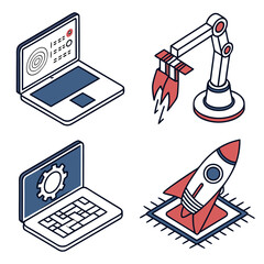 Set of 4 isometric business icons featuring coding laptop robotic arm and rocket launch vector illustration