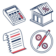 Business finance icons set calculator ledger book house and pen for financial concepts