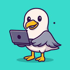 Cartoon Seagull Working on Laptop with Yellow Beak and Grey Wings.