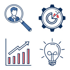 Set of 4 business icons magnifying glass chart gear and light bulb vector illustration