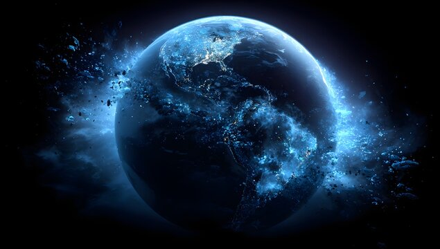 Vibrant blue planet earth illuminated by cosmic energy and swirling nebula clouds against a deep space backdrop